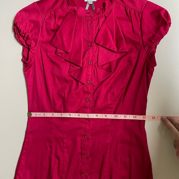 Fitted Red Button Down Top with Ruffles - Picture 10 of 11